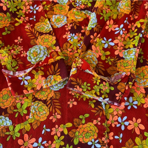 Vintage Hawaiian Barkcloth Floral Ruffle Robe Mod Dayglow Retro Neon Small READ - Picture 11 of 16